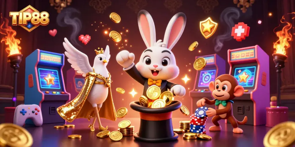 TIP88 showcases a magician rabbit conjuring coins amidst vibrant casino-themed elements.