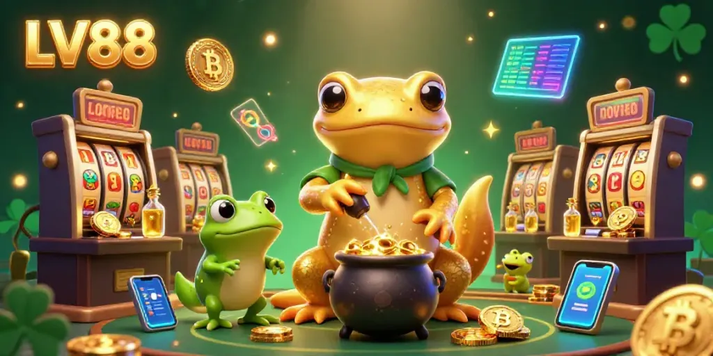 Experience exciting gameplay at LV88 with a lively scene featuring a golden salamander alchemist and immersive casino elements.