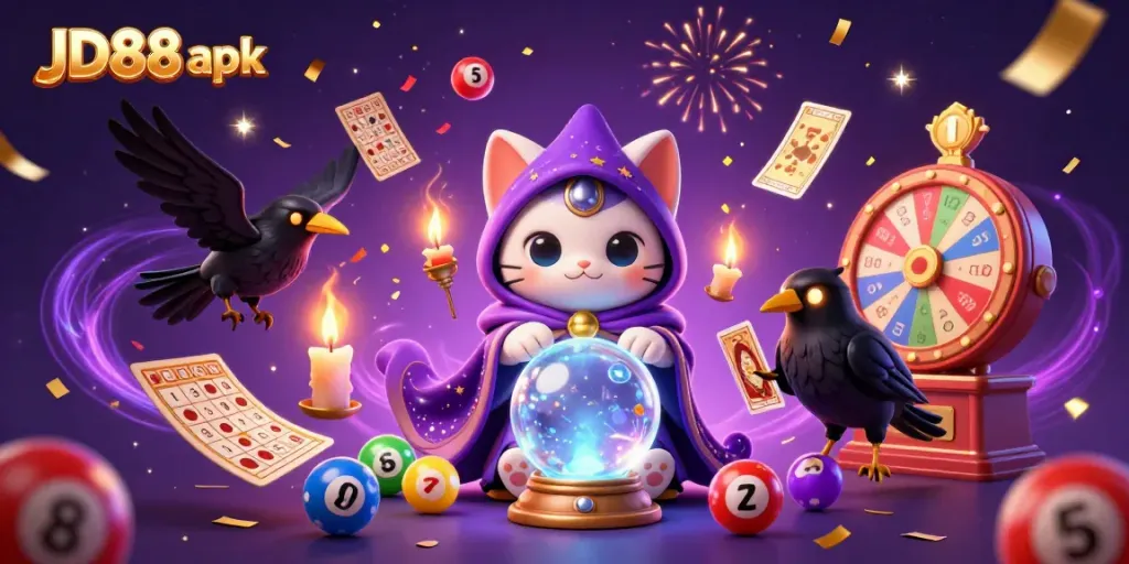 Experience the excitement of JD88 apk with a magical casino scene featuring a mystic cat and energetic gaming elements.