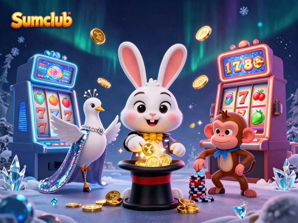 Experience the enchanting world of Sumclub with a vibrant 3D casino scene featuring magical characters and slot machines.