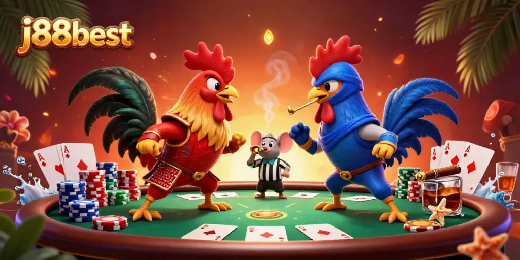Experience thrilling action with j88best as cartoon roosters face off in a vibrant casino scene.