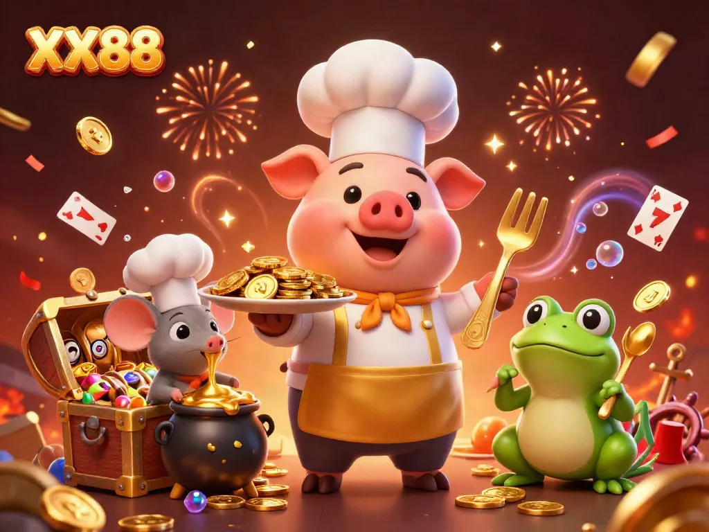 Experience the thrill of XX88 with a lively 3D casino scene featuring chef pig serving gold coins.