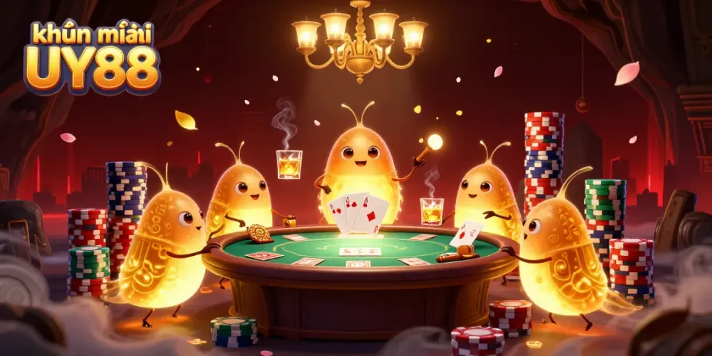 Experience the excitement of khuyến mãi UY88 with glowworms illuminating a vibrant casino scene filled with poker elements.