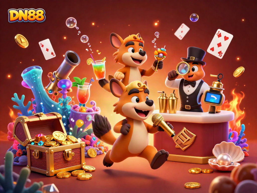 Experience DN88's vibrant comedy casino scene featuring hyenas mixing drinks and performing comedy.