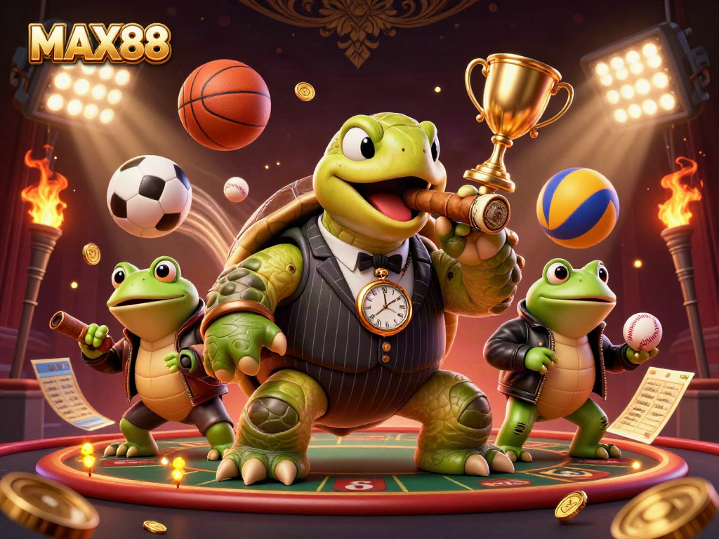 MAX88 enhances gaming excitement with a 3D turtle mobster and bullfrog enforcers in a rich casino scene.