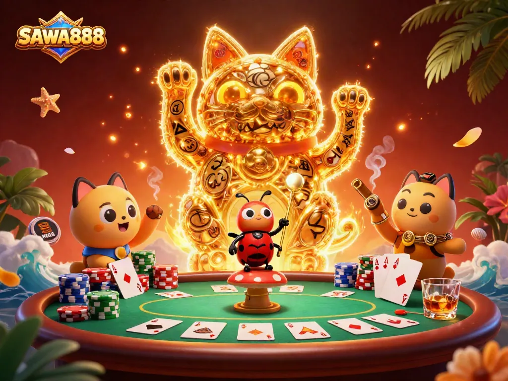 Engage with SAWA888's vibrant gaming world featuring a lucky cat and poker elements.