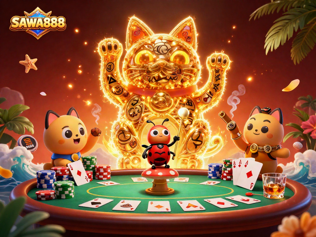 Engage with SAWA888's vibrant gaming world featuring a lucky cat and poker elements.