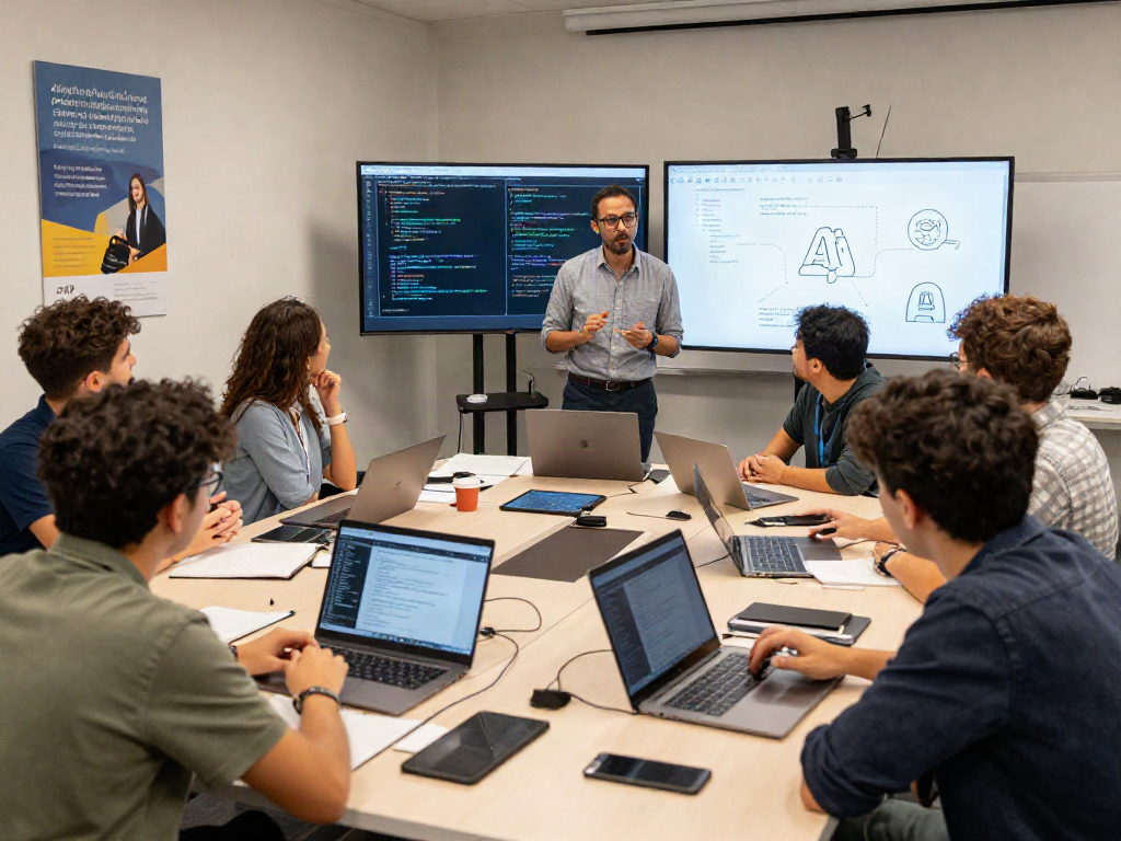 AI 18+ workshop with diverse adults collaborating on AI coding exercises in a modern classroom environment