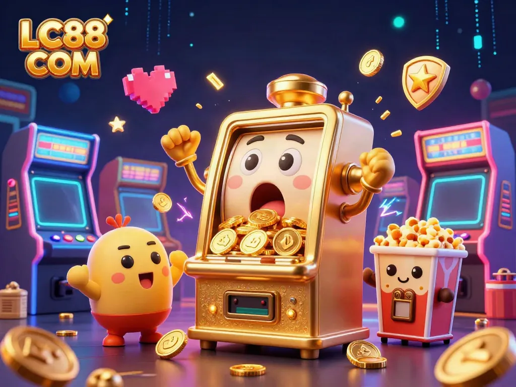 Experience fun with the LC88 COM golden slot machine hitting a jackpot, surrounded by cheering characters.