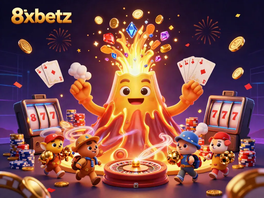 Engage with 8xbetz at an exciting casino adventure featuring treasure on a colorful eruption.