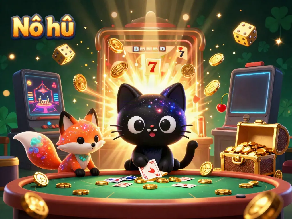 Nổ hũ slots game scene with a black hole cat and nebula fox amidst coins and a jackpot explosion