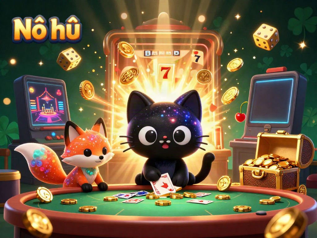 Nổ hũ slots game scene with a black hole cat and nebula fox amidst coins and a jackpot explosion