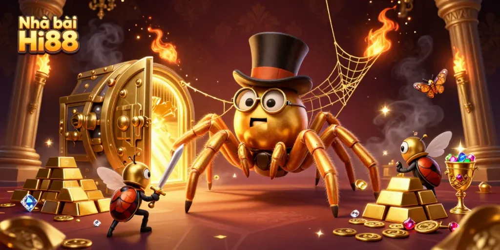 Engage at Nhà cái Hi88 with a vibrant, energetic casino-themed 3D scene featuring a golden tarantula.