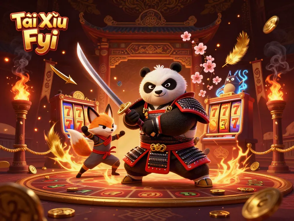 Tài Xỉu Fyi provides thrilling casino action with cartoon samurai and ninja characters in an exciting gaming arena.