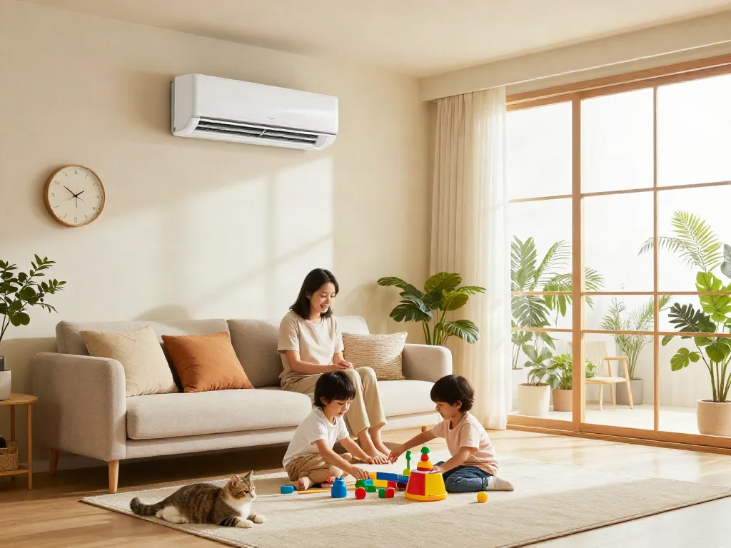 Family enjoying comfort of a mini split air conditioner in a cozy living room with natural light.