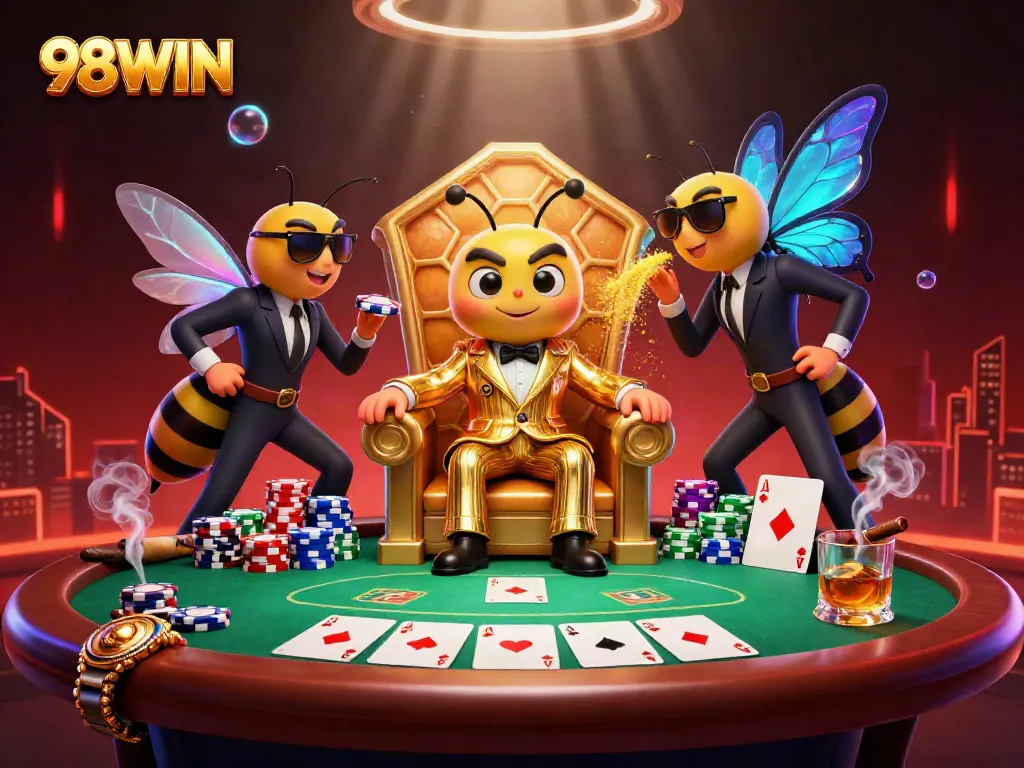Celebrate gaming at 98WIN with a vibrant poker scene featuring a mob boss and dazzling elements.