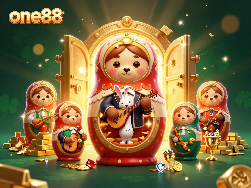 Experience thrilling wins at one88 with a vibrant 3D illustration of festive casino characters.