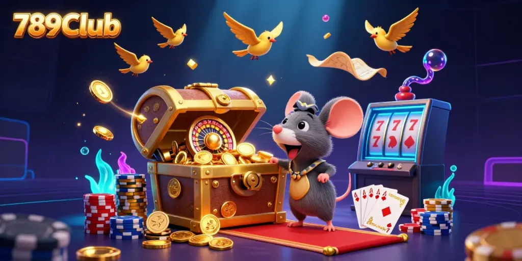 Experience the thrill of 789Club with adventurer mice drawn to a golden treasure chest amidst cascading coins and vibrant casino elements.