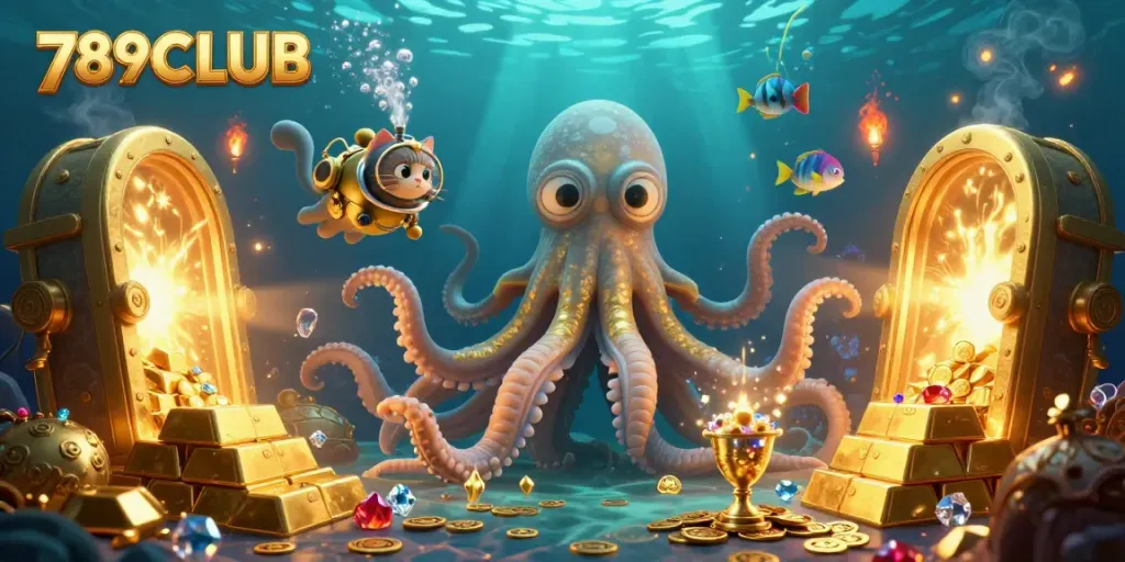 Experience the excitement of 789CLUB with a colossal kraken and treasure in this vibrant casino-themed illustration.
