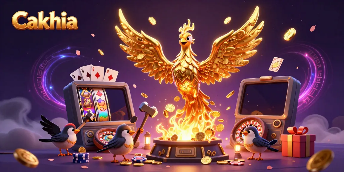 Cakhia showcases a golden phoenix made of molten metal amidst vibrant casino elements, radiating excitement.