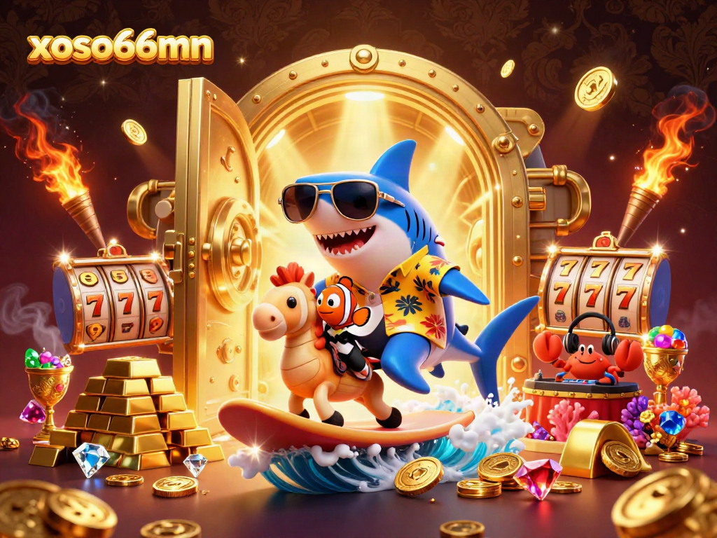 Experience the excitement of xoso66mn as a shark surfs golden coins amidst vibrant casino elements.