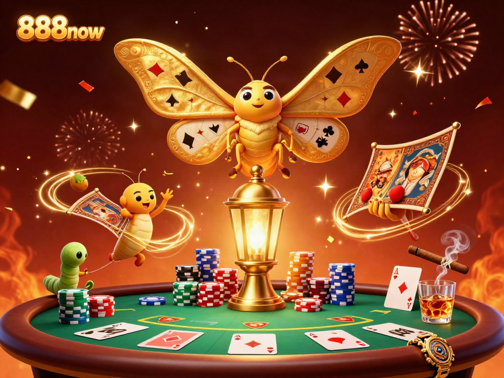 Engage in thrilling games at 888now, featuring vibrant casino scenes with poker elements.