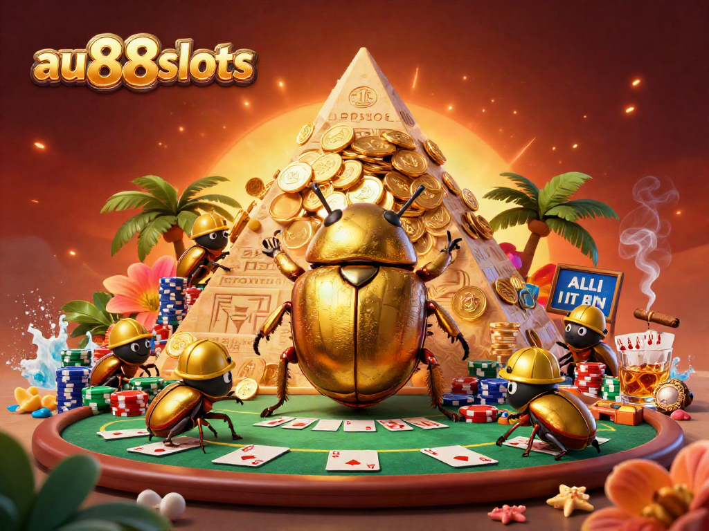 Join the fun at au88slots with a golden dung beetle rolling coins, surrounded by vibrant poker elements!