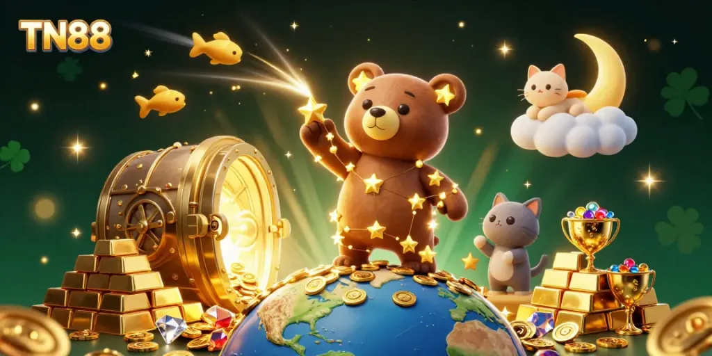 Join TN88's shining constellation bear as he scoops up treasures in this vibrant casino illustration.