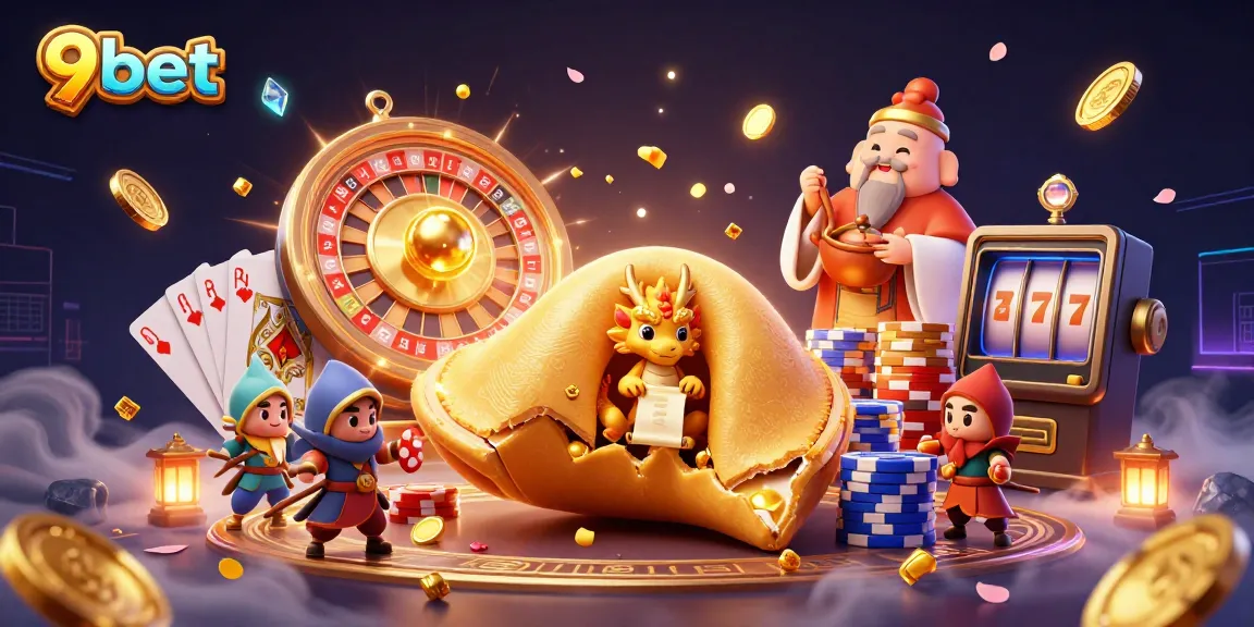 Experience the excitement of 9bet with golden coins, roulette wheels, and cartoon characters in a lively casino scene.