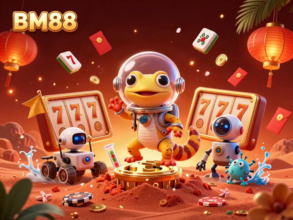 Enter the vibrant casino world of BM88 with a Martian gecko and gold-filled gaming elements!