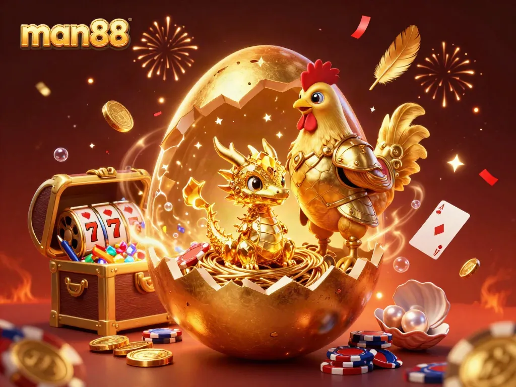man88 features a golden dragon and poker chips amidst vibrant casino elements and celebrating confetti.