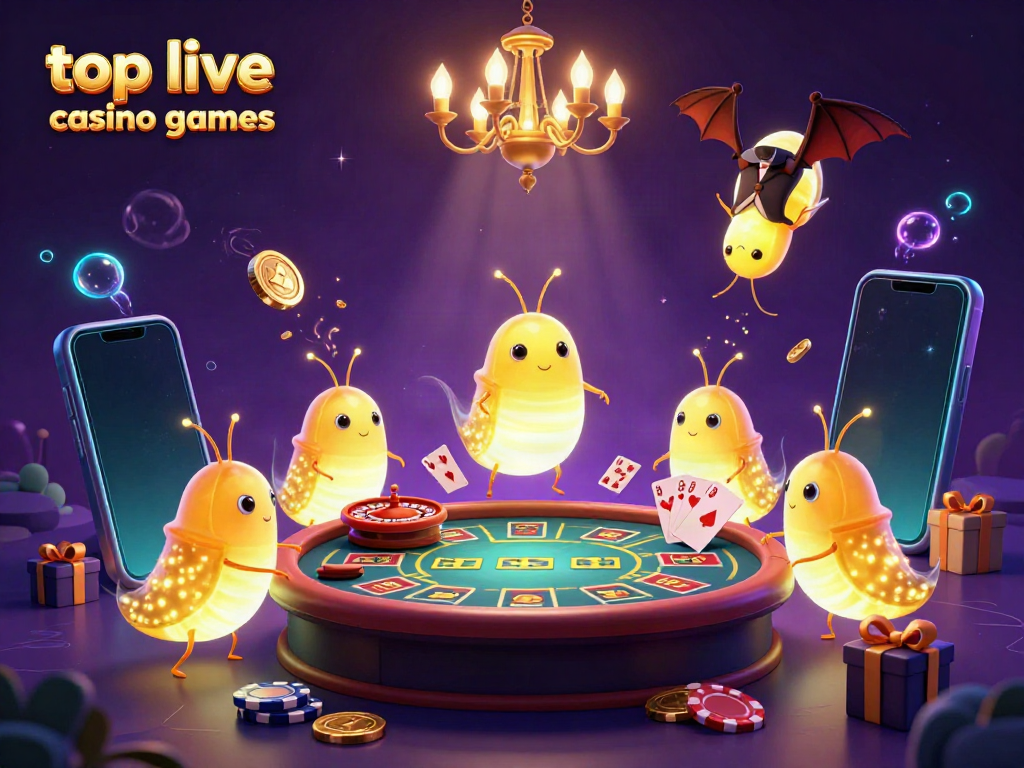Experience top live casino games in this vibrant glowworm-themed illustration of a lively casino scene.