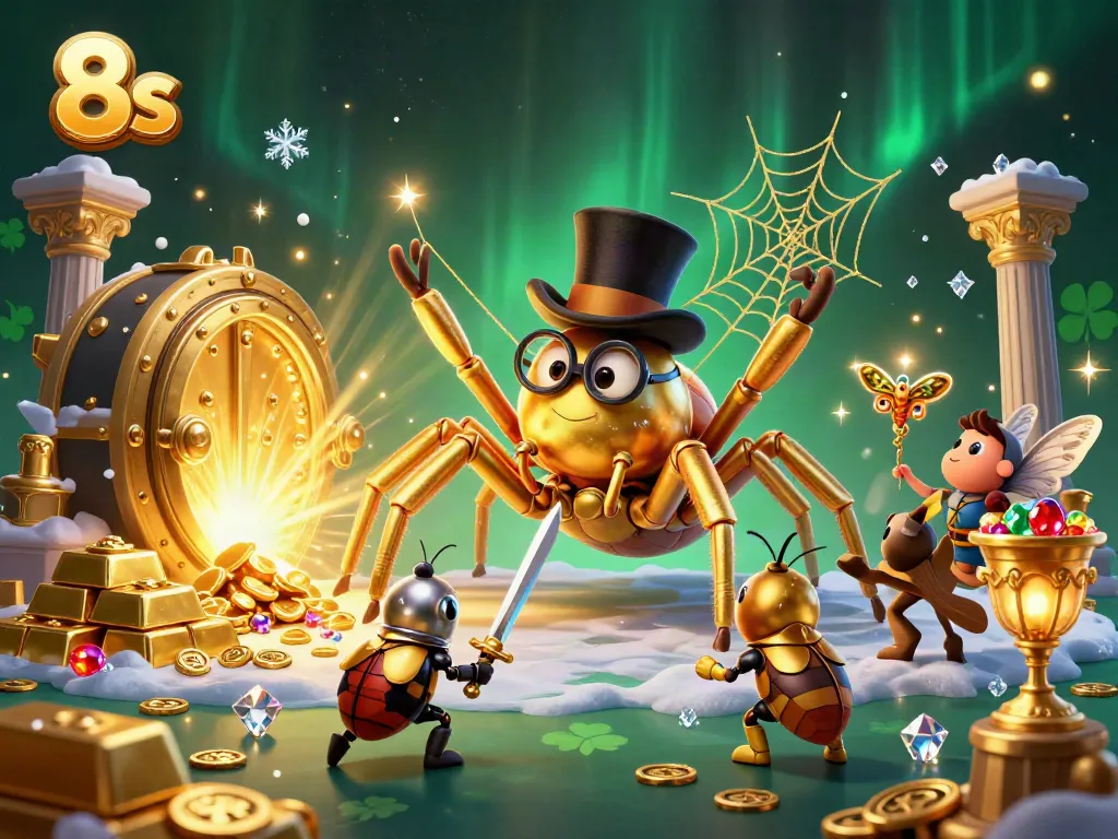 Engage with 8s gaming excitement, as a golden tarantula and beetle knight embark on an adventure among riches.