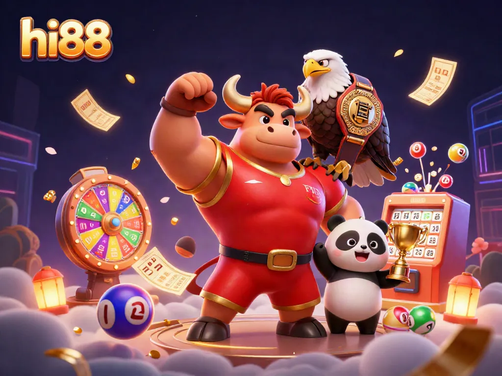 Experience the excitement at hi88 with a vibrant casino scene featuring a strong bull mascot, eagle champion, and trophy panda.