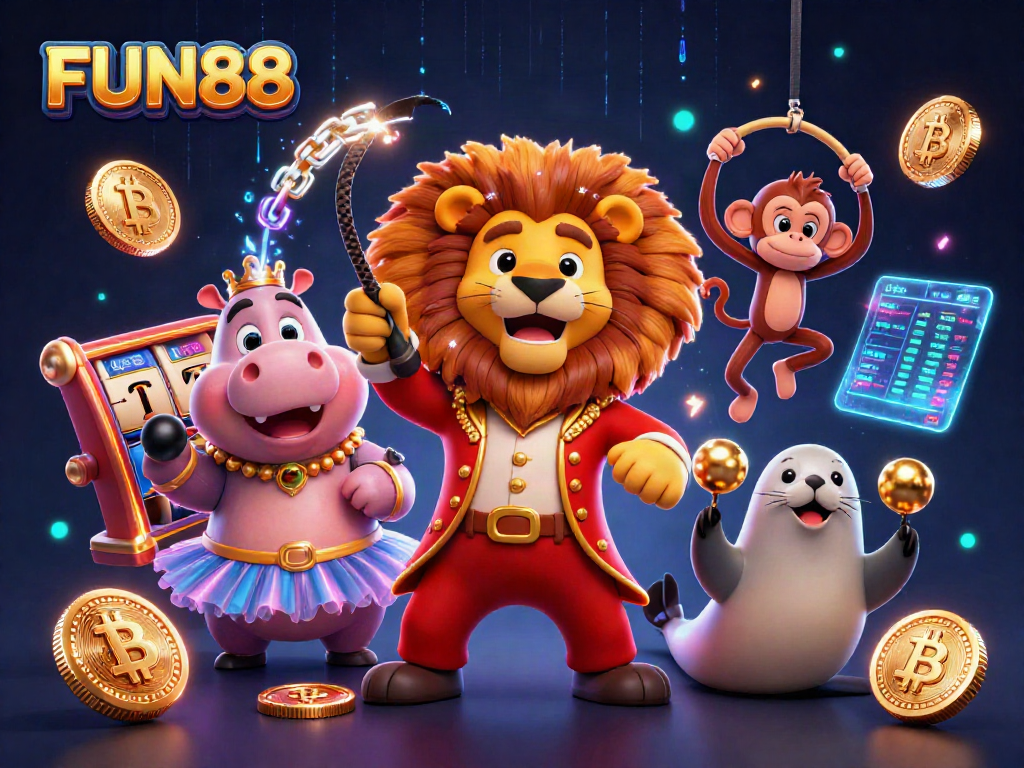Spin the reels with FUN88 as lively circus characters engage in a thrilling casino adventure.