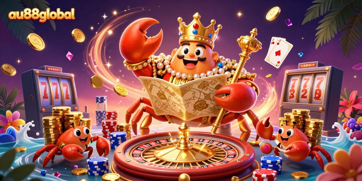 Join the fun at au88global with a golden crab emperor and vibrant casino elements.