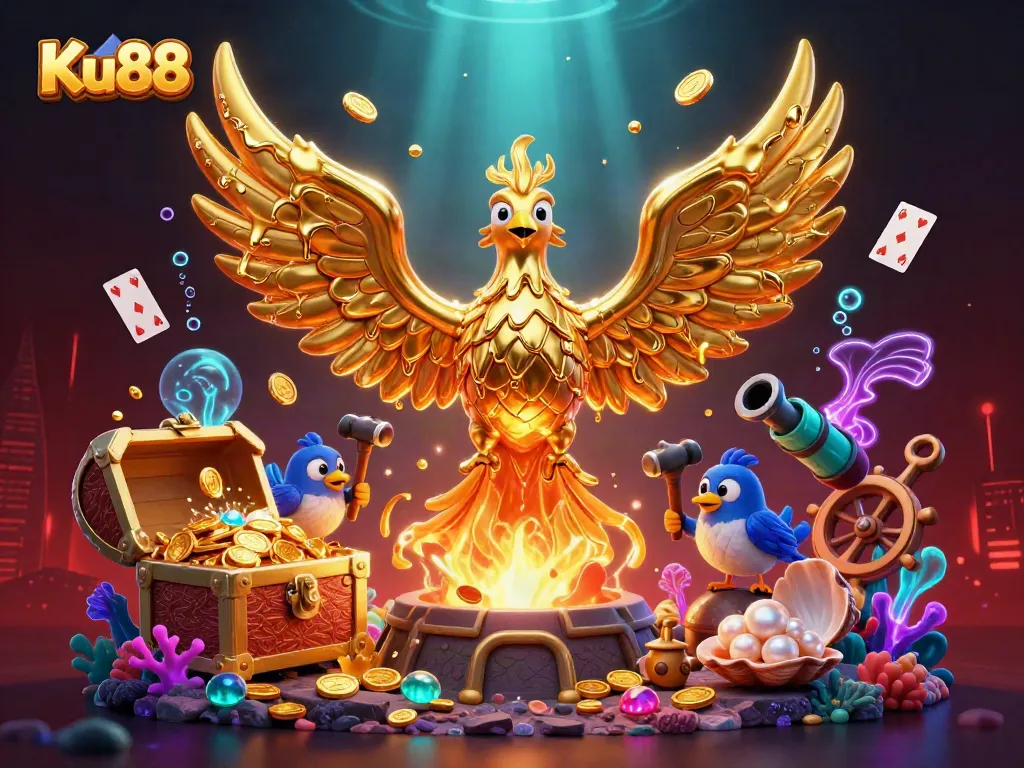Experience the thrilling gaming action at Ku88 with a dazzling golden phoenix in a vibrant casino scene.