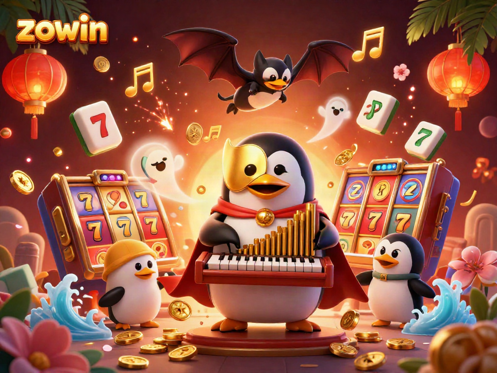 Zowin offers excitement with a phantom opera penguin playing for jackpot wins amidst dazzling casino elements.
