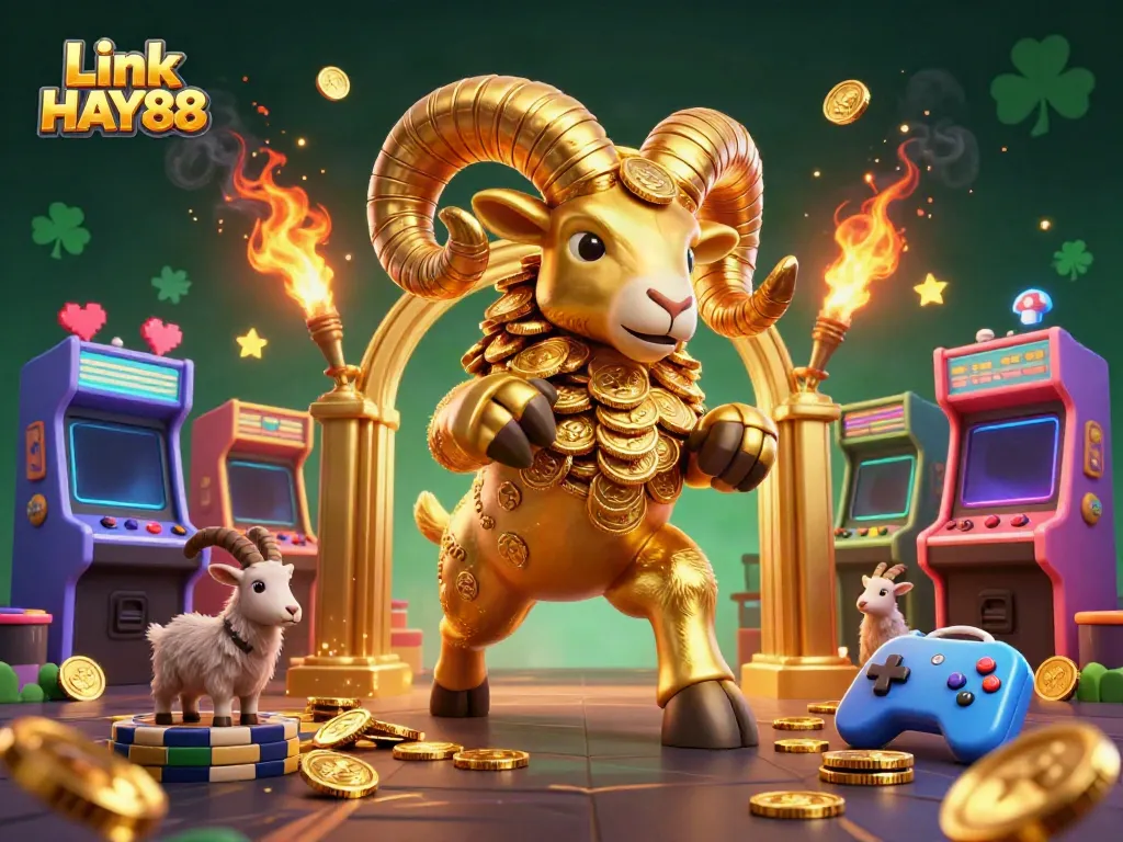 Experience the thrill of Link HAY88 with exciting gaming elements and a majestic golden ram in action!