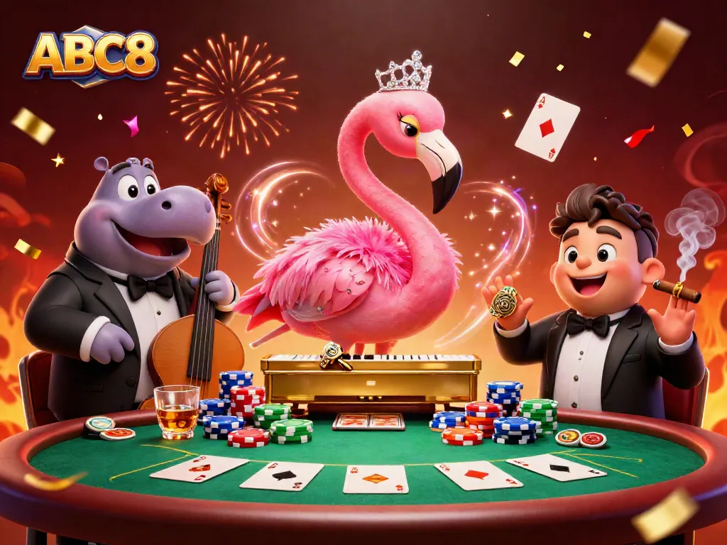 Experience exciting casino action at ABC8 with vibrant characters, poker chips, cards, and a lively ambiance.