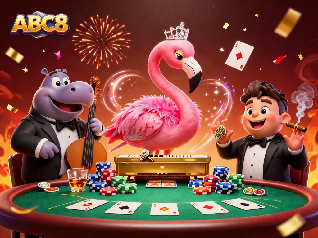 Experience exciting casino action at ABC8 with vibrant characters, poker chips, cards, and a lively ambiance.