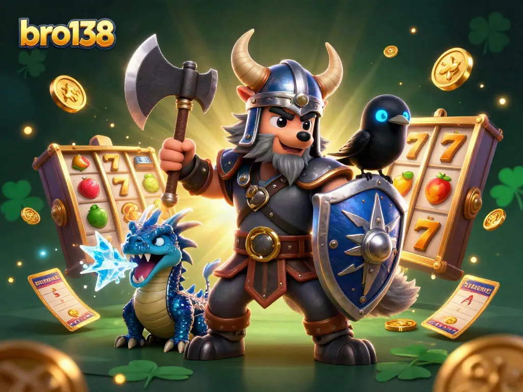 Bro138 showcases an exciting scene with a Viking wolf warrior, dragon, and coins amidst spinning slot reels.