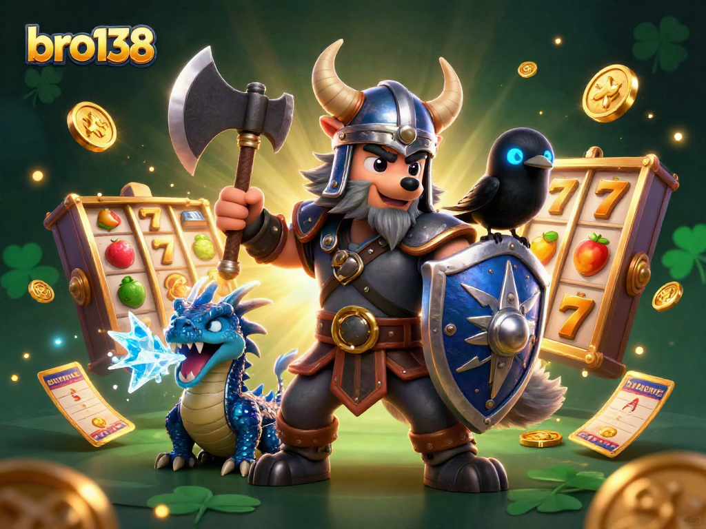 Bro138 showcases an exciting scene with a Viking wolf warrior, dragon, and coins amidst spinning slot reels.