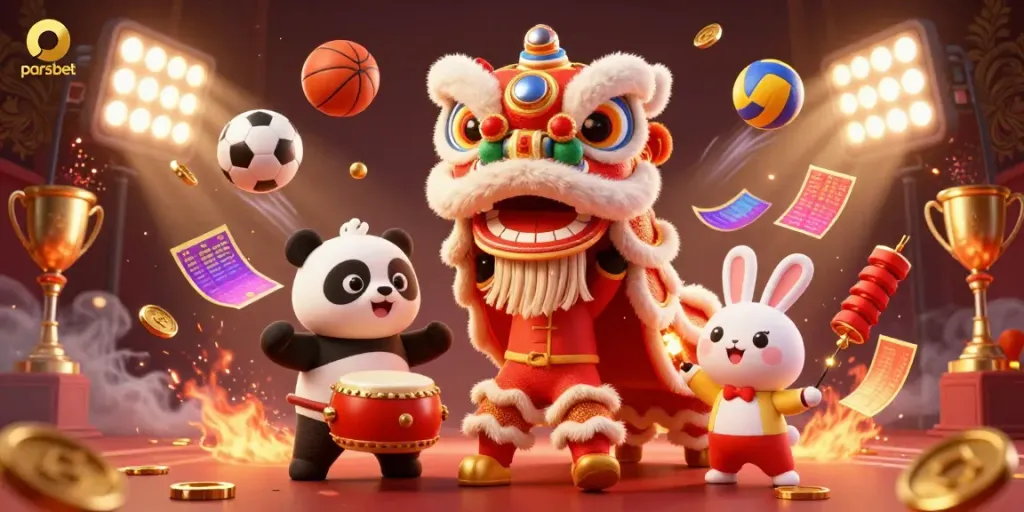 Experience the excitement of sports betting with parsbet as adorable characters celebrate in a festive lion dance scene.