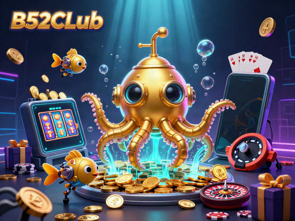 B52CLub showcases a vibrant casino scene with a kraken submarine and underwater growth, emphasizing exciting gaming experiences.
