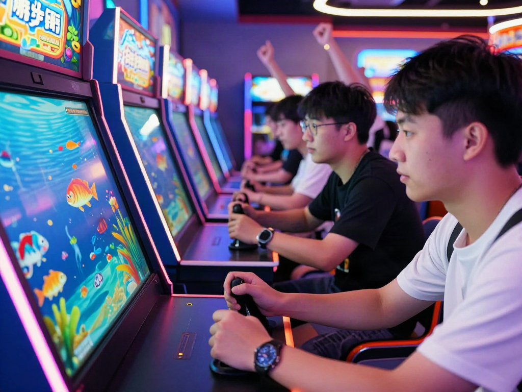 Players immersed in a lively fishing game, lại là Bắn cá đổi thưởng, showcasing colorful graphics and an energetic arcade atmosphere