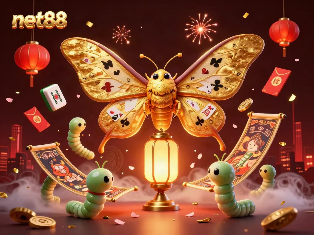 Experience the vibrant energy of net88, with a golden-winged moth amidst casino elements and celebratory symbols.