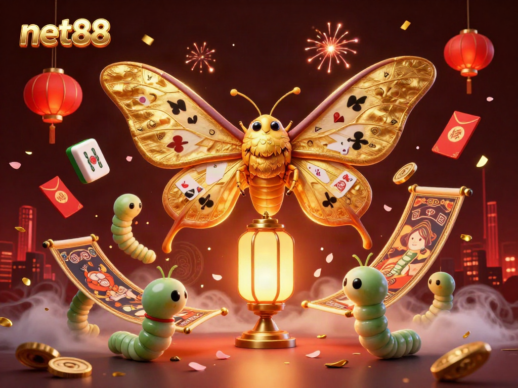 Experience the vibrant energy of net88, with a golden-winged moth amidst casino elements and celebratory symbols.