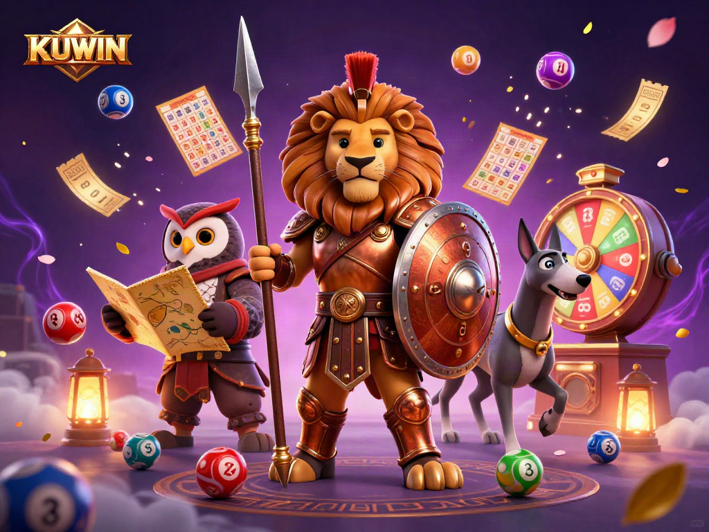 Kuwin gaming scene with a Spartan lion, owl strategist, and greyhound in a vibrant casino setting.