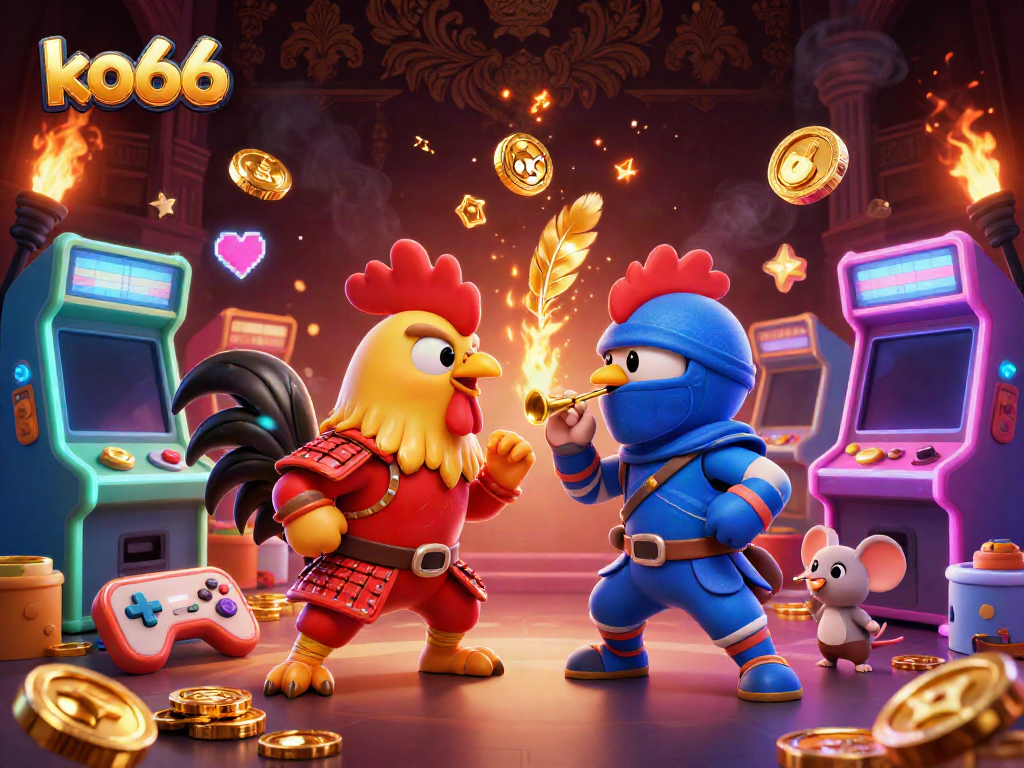 Witness the thrilling standoff of ko66's samurai and ninja roosters in a vibrant casino illustration.